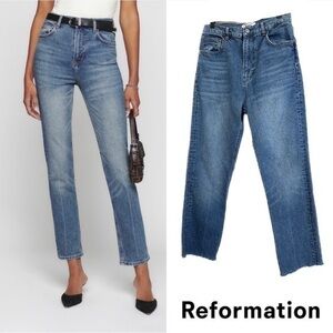 Reformation Liza Ultra High Rise Blue Straight Raw Edge Cropped Jeans 29